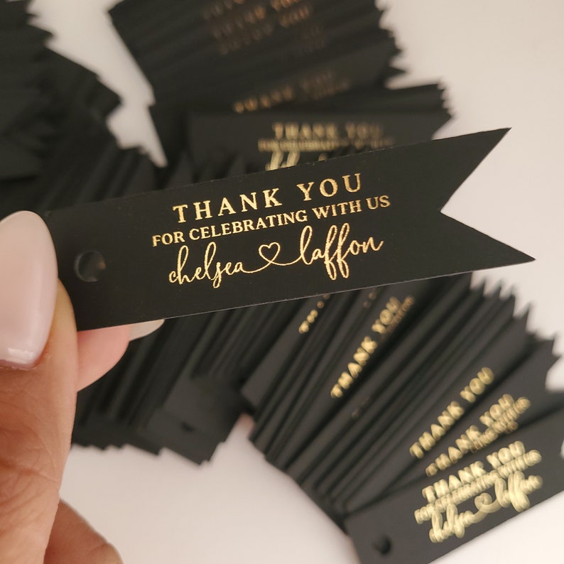 XOXOKristen Custom Small Black Gold Foiled Thank you Tags for Wedding Favors & Gift Bags, Rose Gold, Silver or Gold Foils, Personalized Black Favor Tags for welcome bags, wedding gifts, quinceanera, baptism, bridal shower, bottles, jars, bags, candy