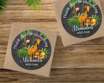 Adesivos para chá de bebê Safari: Etiquetas personalizadas de agradecimento com animais do zoológico