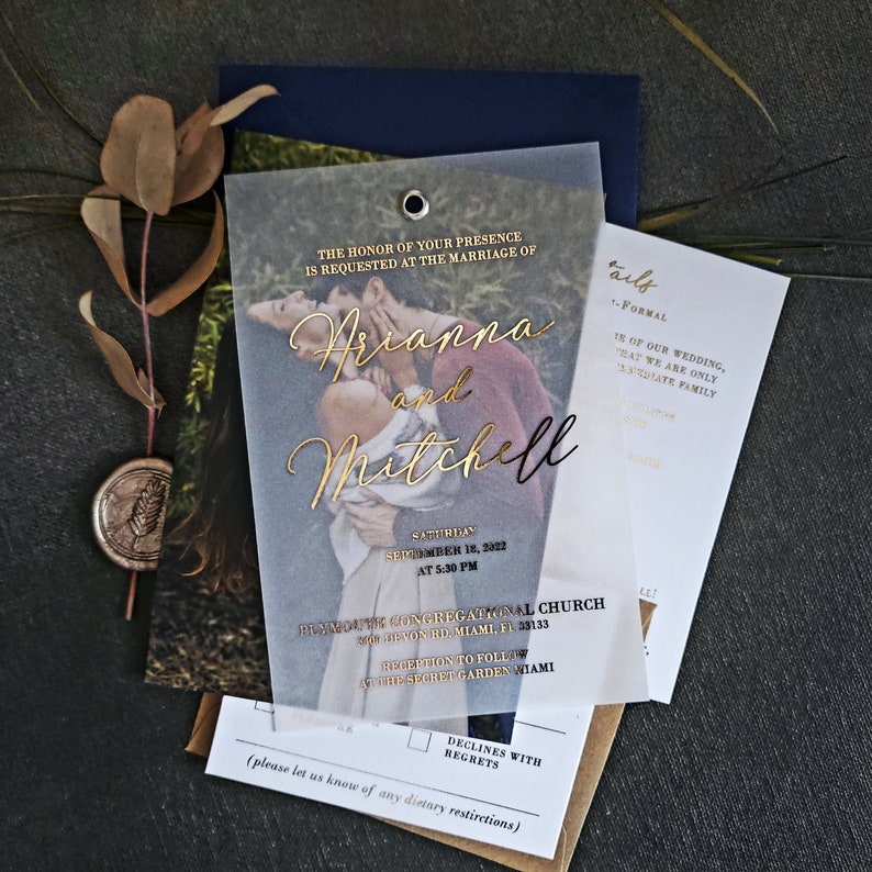 XOXOKristen Custom Personalized Photo Vellum Wedding Invitations with RSVP and Envelopes and Details cards, Gold Foiled Custom Wedding Invitation, Rose Gold Wedding Invitation Suite with Picture and Vellum Overlay