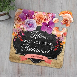 Bridesmaid Proposal Puzzle  Will you be my Bridesmaid Puzzle Floral Purple and Orange Autumn Wedding Puzzle Maid of Honor Flower Girl Puzzle