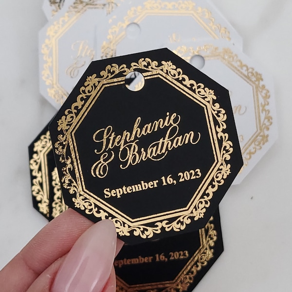 Luxury Frame Gold Foiled Black Wedding Favor Tags Octagon Shaped Hang Tags for Gift Bags & Favors Red White Blue Personalized Wedding Tags