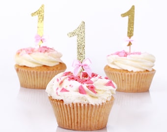 Pink and Gold First Birthday Decorations. Glitter Gold Number Cupcake Toppers First Birthday Party Decorations