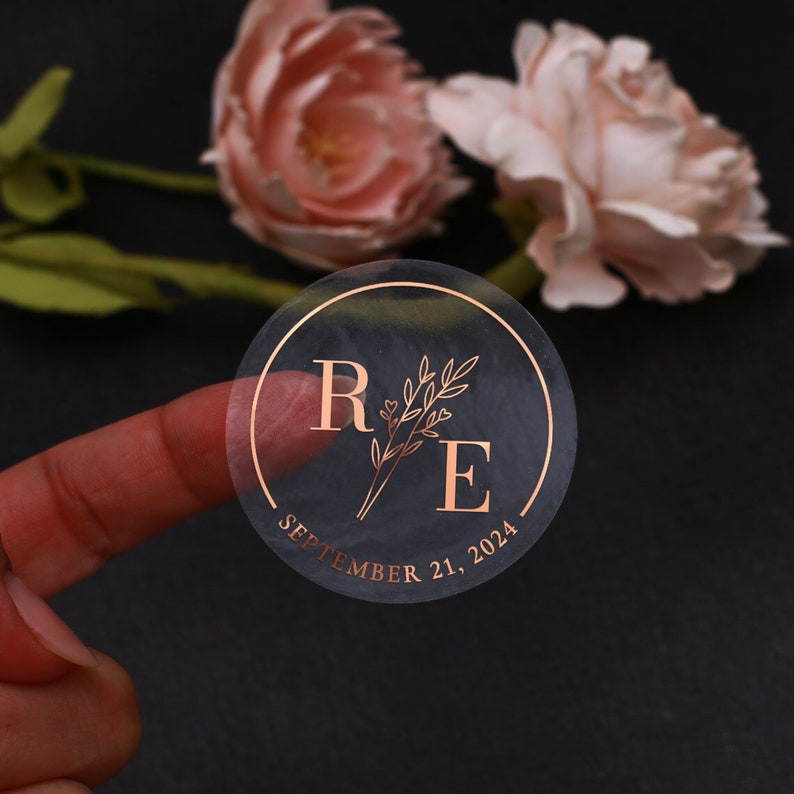XOXOKristen Custom Personalized Gold Foiled Wedding Stickers for Favors, Clear Stickers Envelope Seals, Custom Monogram Stickers, Rose Gold Label for bottles, favors, gifts, welcome bags, candy, cones, packages with floral branch and foiled border