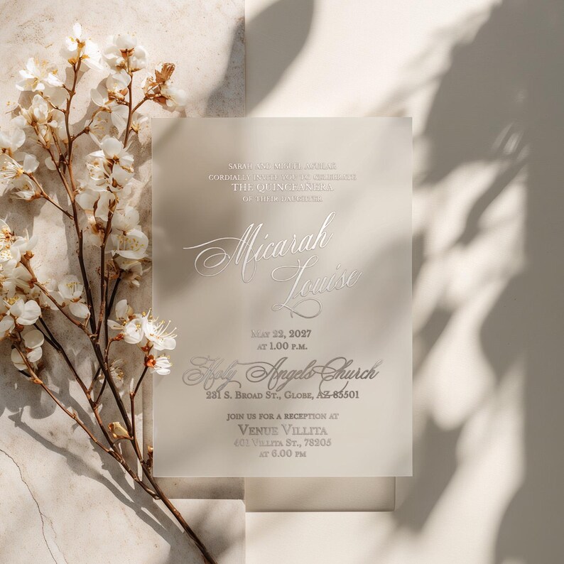 Frosted Quinceañera Invitation with Rose Gold Foil Print – Elegant 15th Birthday Invite image 3