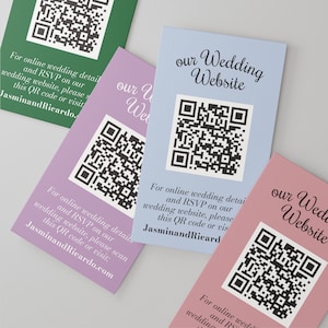 Carte de site Web de mariage à code QR, carte d’insertion colorée, rose, verte, carte de pièce jointe de site Web de mariage bleue, RSVP en ligne, carte de détail d’insertion personnalisée