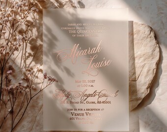 Frosted Quinceañera Invitation with Rose Gold Foil Print – Elegant 15th Birthday Invite