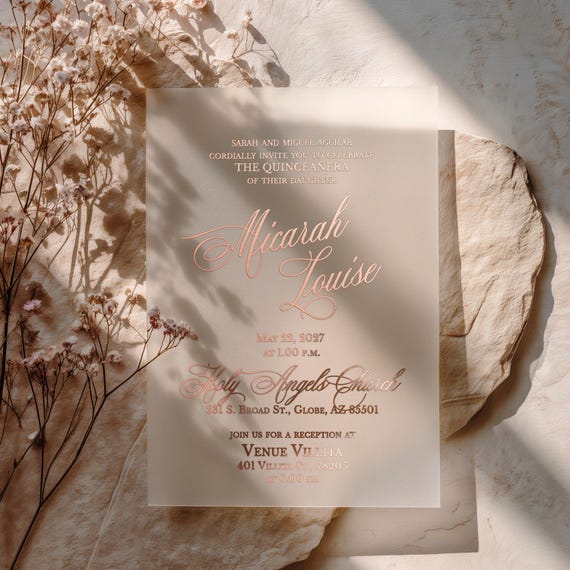 Frosted Quinceañera Invitation with Rose Gold Foil Print – Elegant 15th Birthday Invite  | XOXOKristen