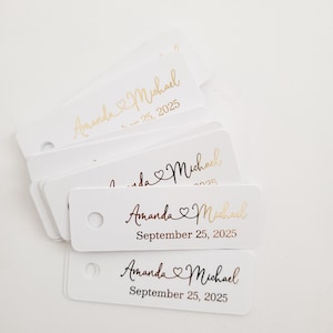 XOXOKristen Custom Personalized extra small wedding favor tags with black ink or foiled print, rectangular shape on white cardstock, Birthday thank you gift tags, Bridal shower tags, customized with names and date