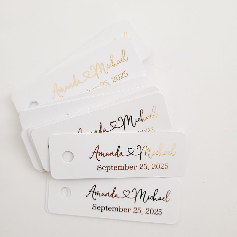XOXOKristen Custom Personalized extra small wedding favor tags with black ink or foiled print, rectangular shape on white cardstock, Birthday thank you gift tags, Bridal shower tags, customized with names and date