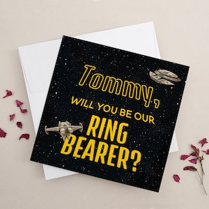 Aangepaste Ringdrager Voorstel kaart, Universe Spacecraft Page Boy Trouwkaarten, Wil je onze Ringdrager uitnodigingen, Ring Security voorstel
