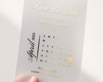 Save the Date with Vellum Calendar, Gold Foil Wedding Save the Date, Frosted Transparent Invitation, Modern Minimalist Wedding Card