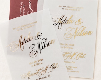 Goudfolie velijn trouwkaarten Gepersonaliseerde, elegante kalligrafie bruiloftsuitnodiging, luxe moderne aangepaste trouwkaarten