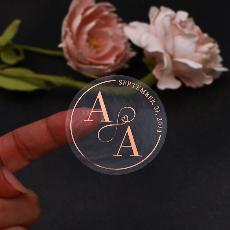 Adesivi trasparenti per matrimoni con lamina d'oro, sigilli personalizzati per buste con monogramma e simbolo dell'infinito per bomboniere, etichette adesive per bicchieri Clear/Rose Gold Foil
