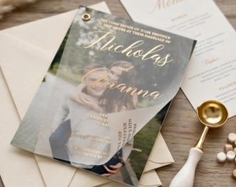 2 ply Wedding Invitation with Envelope and Photo, Custom Wedding Invites 5x7 with Vellum Gold foil printed Overlay, Wedding Stationery
