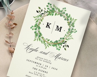 Cartes d'invitation de mariage de verdure élégantes avec monogrammes, cartes de mariage simples avec couronne de feuillage, invitations de mariage avec enveloppe