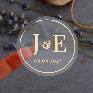 Adesivi personalizzati con iniziali per matrimonio, etichette trasparenti con monogramma in lamina d'oro per bomboniere con data