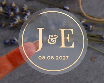 Transparente, goldene Hochzeitsaufkleber mit Initialen – individuell gestaltbare, transparente Aufkleber für Gastgeschenke, Becher, Umschläge und Einladungen