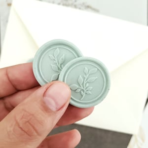 XOXOKristen Sage Green Self Adhesive Wax Seal Sticker Labels with Botanical floral branch stamp for wedding invitations, save the dates, birthday invitations