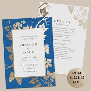 Faire-parts de mariage personnalisés dans un domaine viticole bleu et or, faire-part de mariage dans les vignobles, Napa, faire-parts champêtres sur le thème de la Toscane