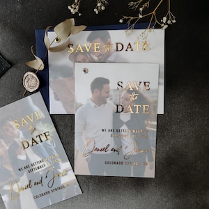 Elegante Hochzeit Save the Date Karten mit Foto, Pergament Save the Dates mit Bild, Gold oder Silber folierte Hochzeit Save the Date Karten