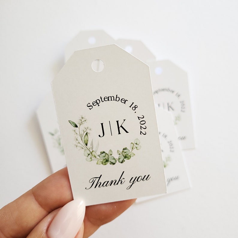 Greenery Monogram Thank you Wedding Favor Tags, Personalized Wedding Gift Tags, Rustic Wedding Tags, Botanical Thank You Favour Hang Tags image 4