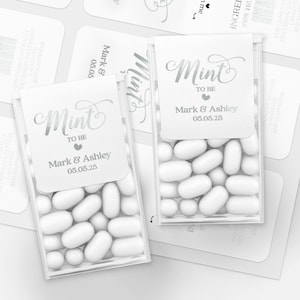 Personalized Calligraphy Mint to be Tic Tac Labels Stickers for wedding favors or Bridal shower party gifts in silver with custom name and wedding date