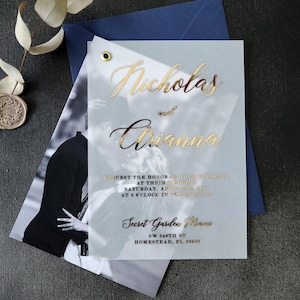 Eleganti inviti di nozze in pergamena con lamina d'oro, inviti di nozze personalizzati con foto e buste, inviti di nozze in oro rosa personalizzati