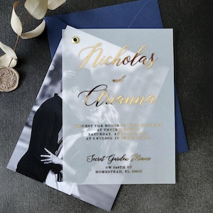 Elegant Vellum Wedding Invitations with Gold Foil Personalized Photo Wedding Invitation with Envelopes, Rose Gold Wedding Invitations Custom