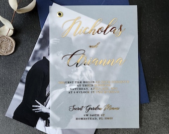 Elegantes invitaciones de boda en pergamino con lámina dorada, invitación de boda con foto personalizada con sobres, invitaciones de boda en oro rosa personalizadas