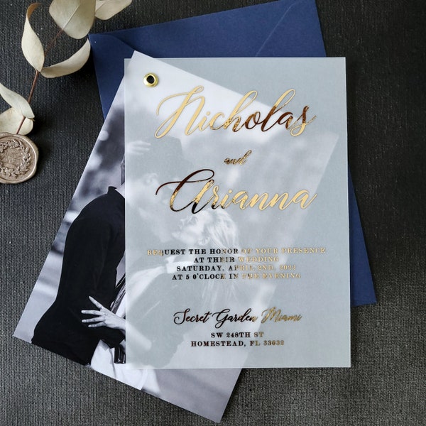 Elegant Vellum Wedding Invitations with Gold Foil Personalized Photo Wedding Invitation with Envelopes, Rose Gold Wedding Invitations Custom