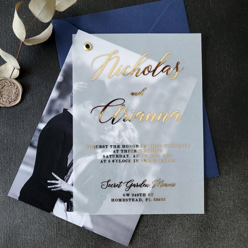 Elegant Vellum Wedding Invitations with Gold Foil Personalized Photo Wedding Invitation with Envelopes, Rose Gold Wedding Invitations Custom image 1