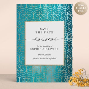 Turquoise Save the Date-kaarten voor bruiloft met goudfolie glamoureuze print, aangepaste 5 x 7 minimalistische kalligrafie Save the Date-uitnodigingen