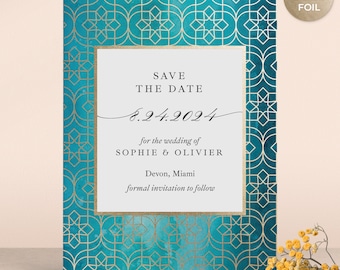 Turquoise Save the Date Cards for Wedding with Gold Foil Glamorous Print, Custom 5x7 Minimalistic Calligraphy Save the Date Invites