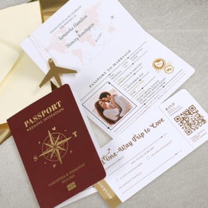 Burgundy & Gold Passport Wedding Invitation, Destination Wedding Invites with Boarding Pass, QR Code, RSVP, Acrylic Plane
