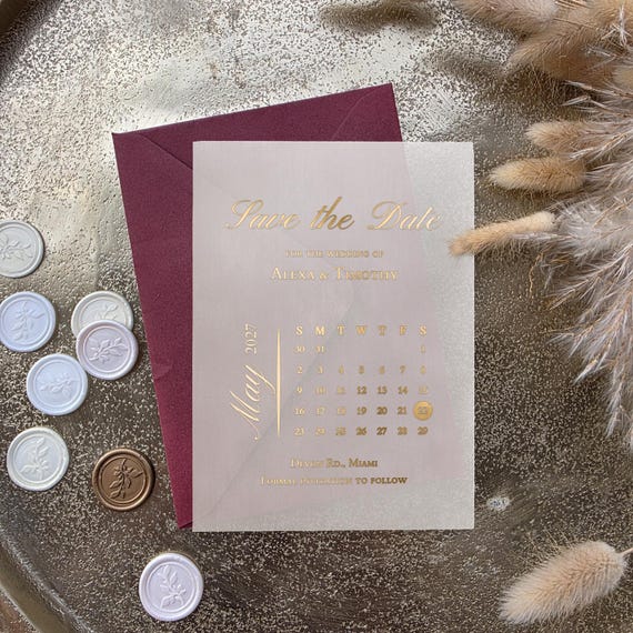 Save the Date Vellum Save the Date with Calendar for Wedding Gold Foiled Save the Dates Cards, Frosted, Rose gold, Silver