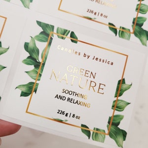 Custom Gold Foiled Greenery Candle Labels, Gold Foiled Stickers, Packaging Labels, Personalized Stickers with Greenery and Gold Foiling