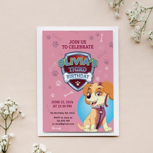 Girl Birthday Invitation, Girl First Birthday Invitations with Cartoon Dog, Printed Any Age Birthday Invites, 1st Birthday Invitations