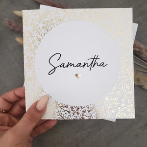 Custom Gold Foil Flowers Frame Bridesmaid Card with Personalized Name on the front in a beautiful script, Square Bridesmaid Proposal Card