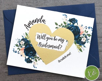 Bridesmaid Proposal Card Will You be My Bridesmaid Navy Blush Scratch Off Personalized Bridesmaid Gift Maid of Honor Cards Proposal Cards