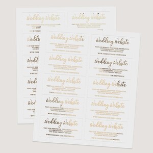 multiple wedding website stickers with text in a gold and white color scheme.