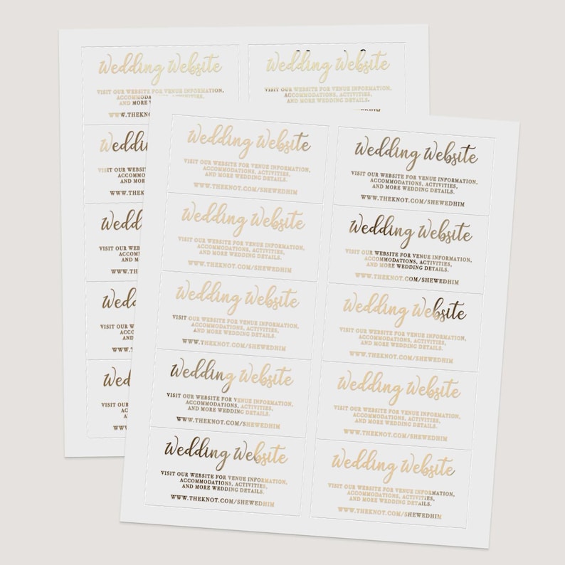 multiple wedding website stickers with text in a gold and white color scheme.
