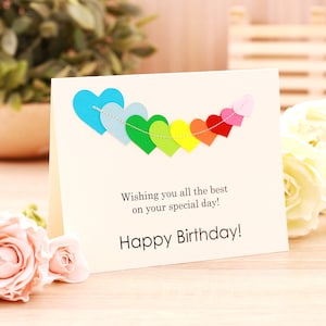 Ensemble de cartes de joyeux anniversaire avec bunting de cœur coloré cousu, cartes de vœux, carte d’anniversaire, signée à l’intérieur avec votre note - SET OF 8