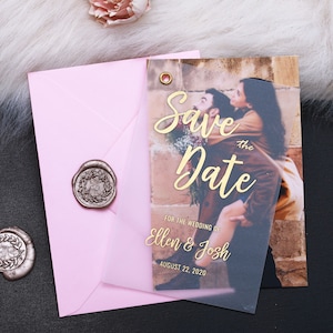 Vellum Save the Date with Photo, Transparent Personalized Foiled Save the Date in Gold, Wedding Invitation Silver, Rose Gold