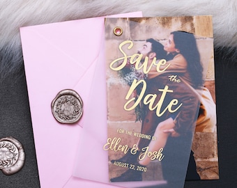 Vellum Save the Date with Photo, Transparent Personalized Foiled Save the Date in Gold, Wedding Invitation Silver, Rose Gold