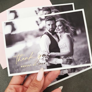 Thank You Note Card for Weddings with Photo and Gold Print with Custom Thank You Wedding Guests Message on the back, Envelopes included