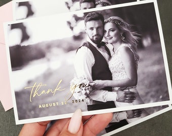 Carte de remerciement pour les mariages avec impression photo et dorée avec message de remerciement personnalisé aux invités du mariage au dos, enveloppes incluses