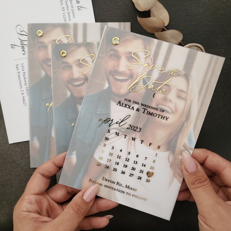 Faire-part Retenez une date en vélin avec calendrier feuille d'argent, faites-vous réserver une date personnalisée en métal argenté avec photo, or rose image 1