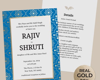 Indisch Blau und Gold Hochzeitseinladungs-Set, Goldfolierte Einladungen mit Ornamenten, Hochzeit lädt Karten mit Antwortkarten und Umschlägen ein
