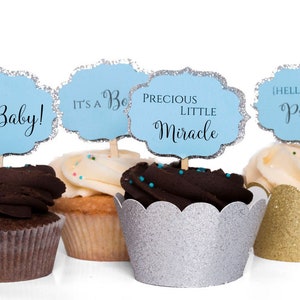 Oh Baby Shower Cupcake Toppers, Boy Shower Party Decorations, Silver and Blue Party Decorations, Baby Boy Party Toppers 12CT