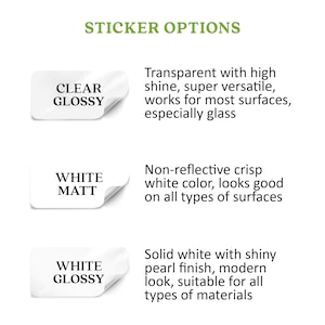 Puede incluir: Tres opciones de pegatinas para diferentes superficies. Claro brillante, blanco mate y blanco brillante.